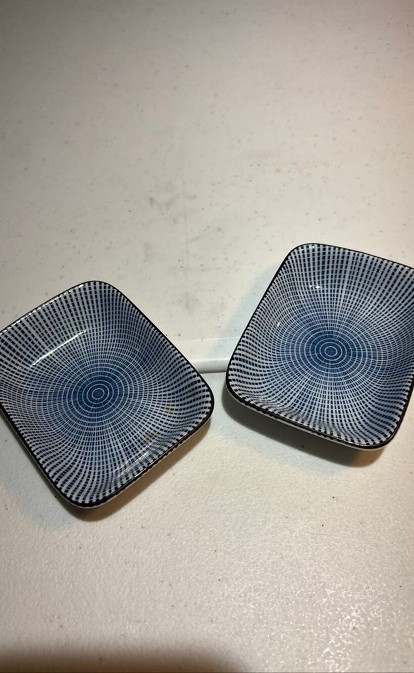 Set of Two Blue and White Geometric Patterned Ceramic Dishes